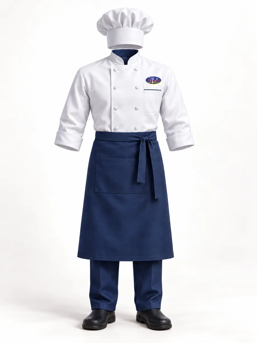 Ilustração de uniforme gastronômico com dólmã branco, avental e calça azul-marinho e touca de cozinheiro, com a marca Irmãs Valentim