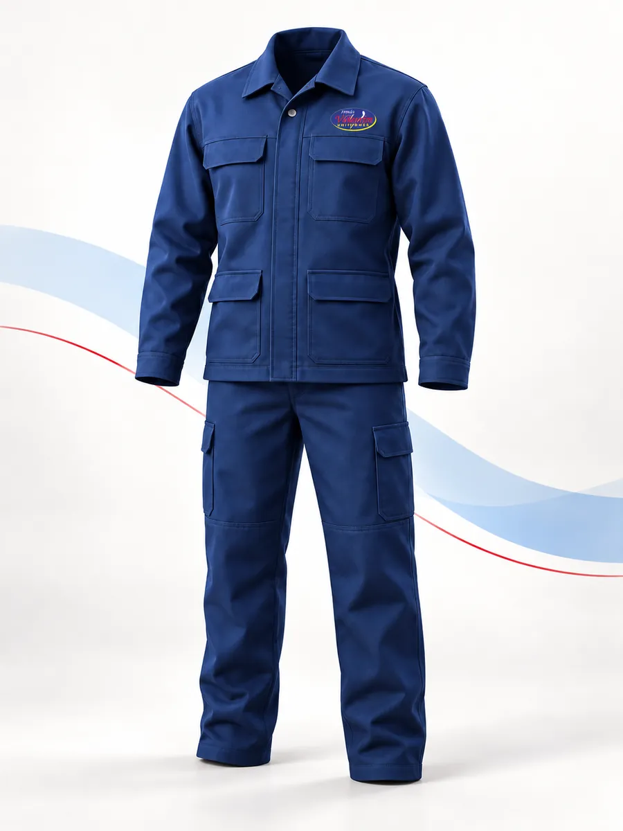 Ilustração de uniforme operacional azul-marinho: jaqueta com bolsos e calça cargo, com a marca Irmãs Valentim bordada